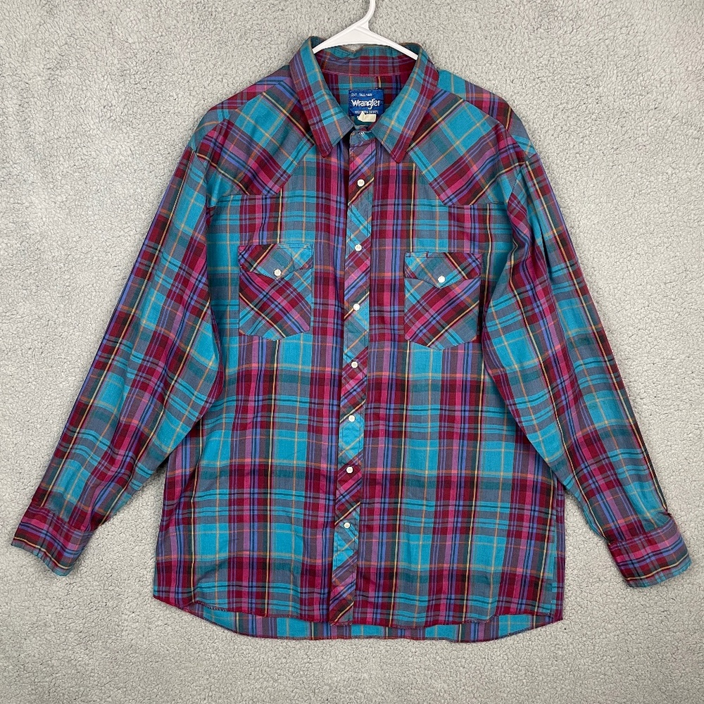 VTG WRANGLER Snap Button Shirt Mens 2XT Tall Man Plaid Colorful Western Cowboy